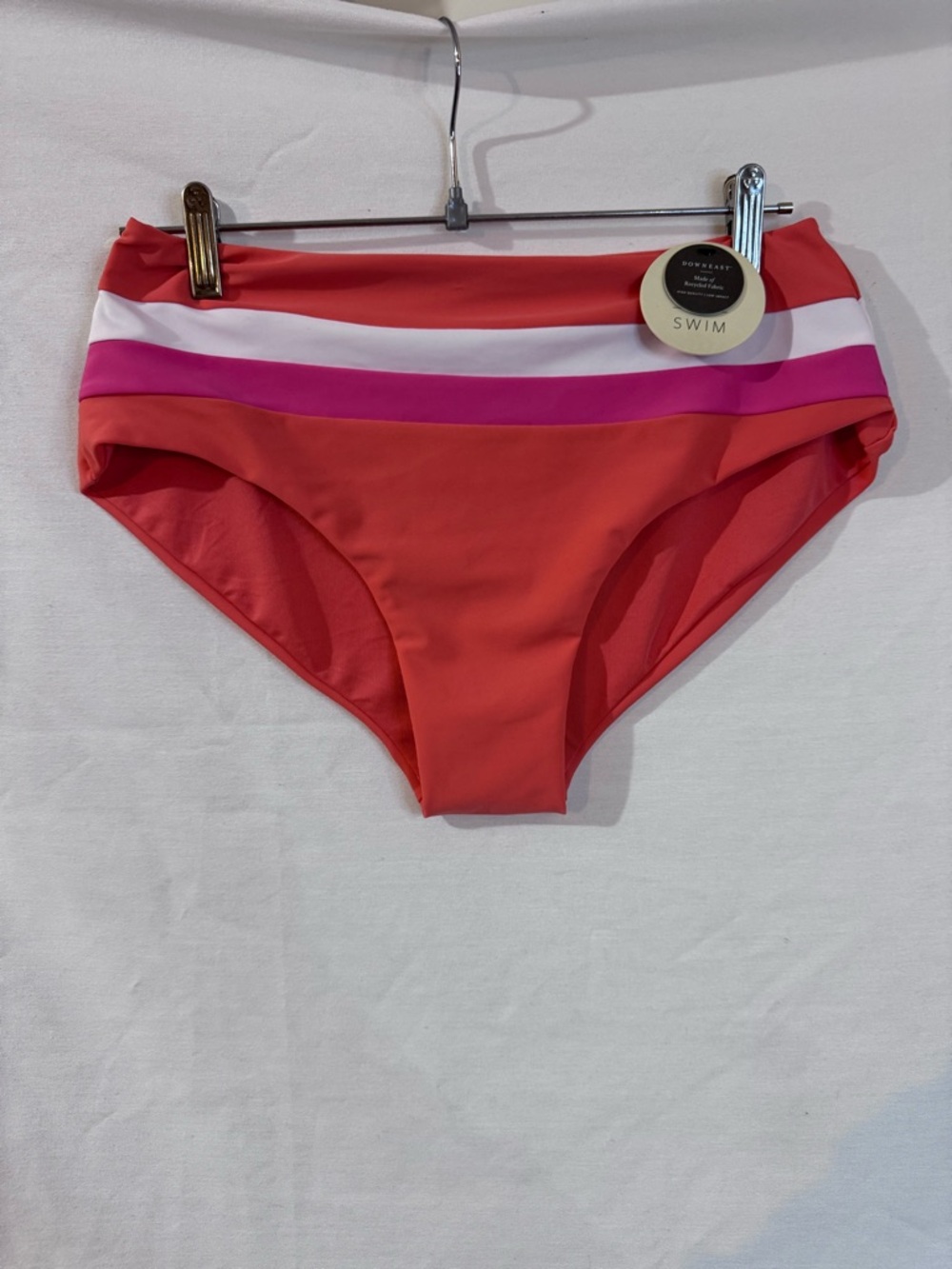 DownEast Coral High-Waist Bikini Bottom with Pink and White Bands